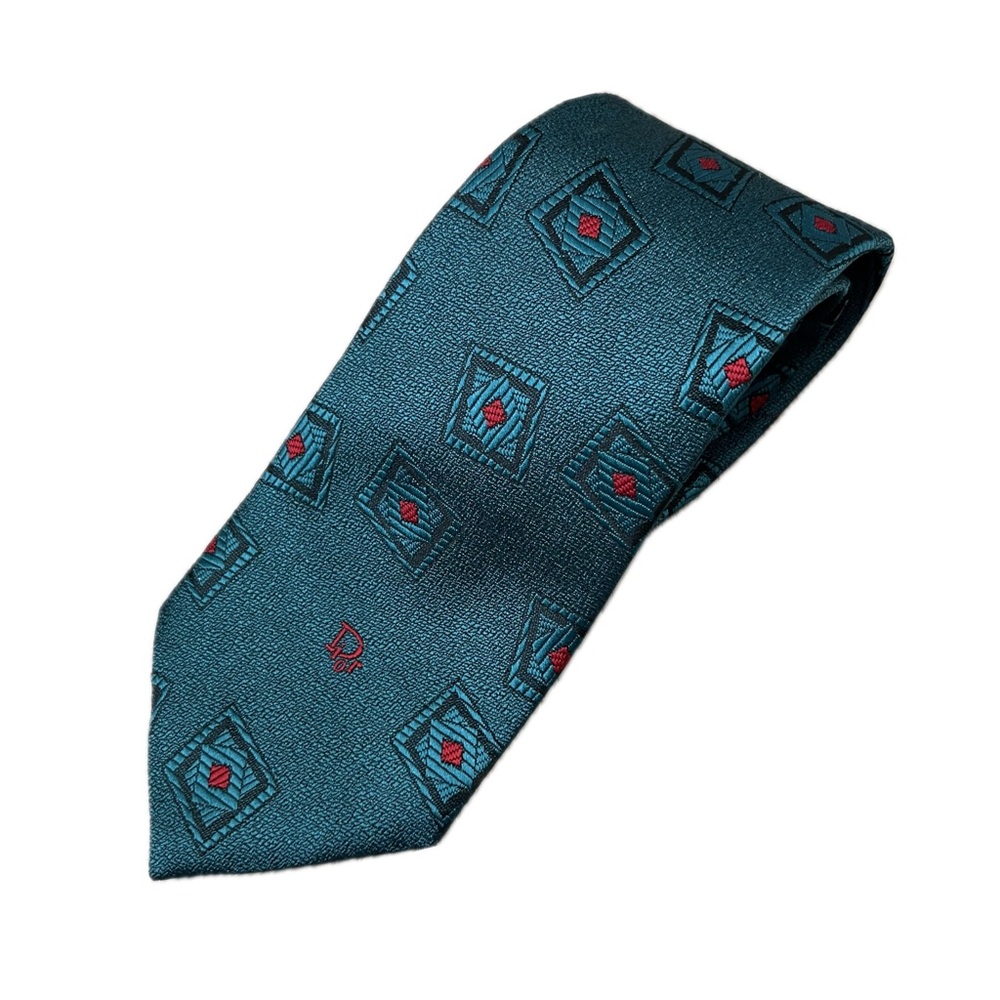 VINTAGE CHRISTIAN DIOR Silk Blend Teal Sheen Tie Pattern - Picture 2 of 10